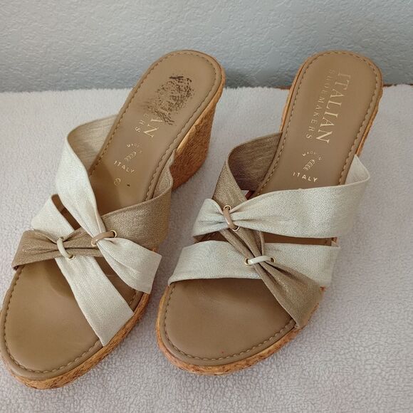 Italian Shoe Makers Wedge Sandals  Cork Heel Criscross Straps 8 - Picture 1 of 5